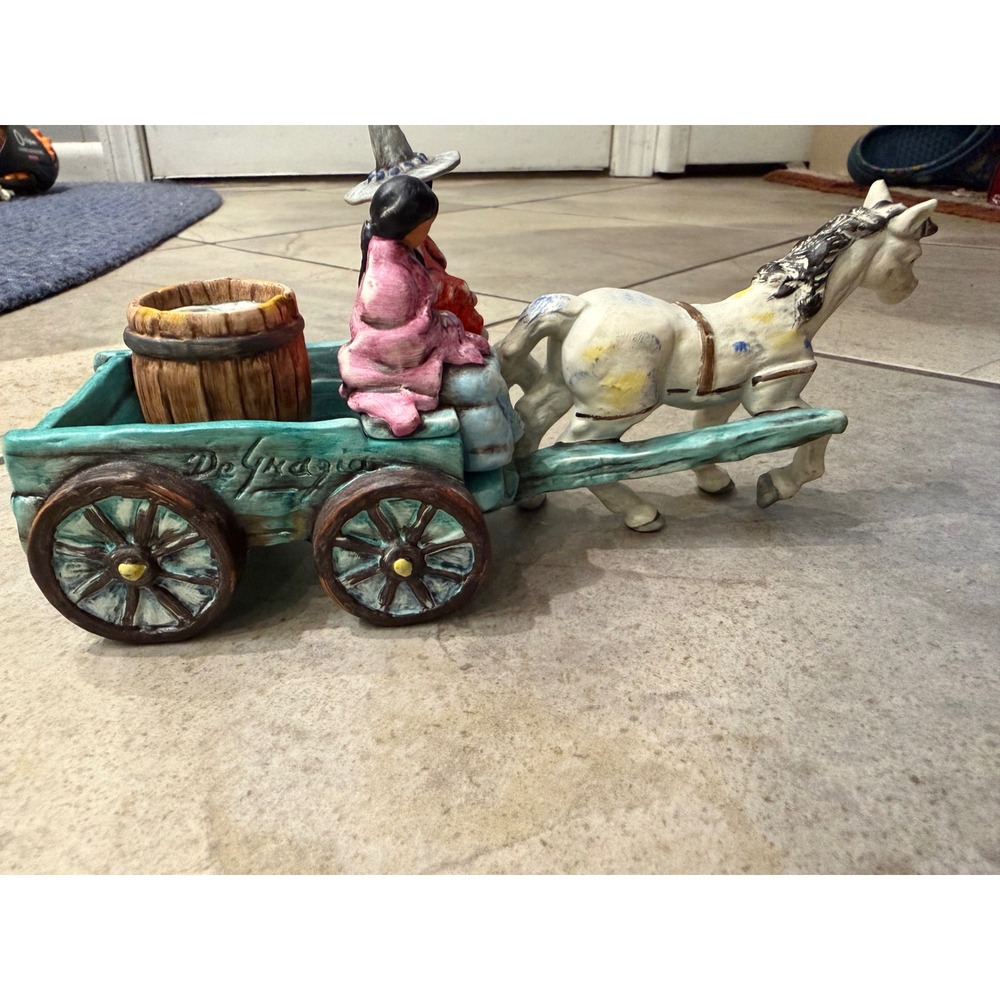 DeGrazia Ceramic Horse Drawn Cart Figurine Southwestern Folk Art Decor